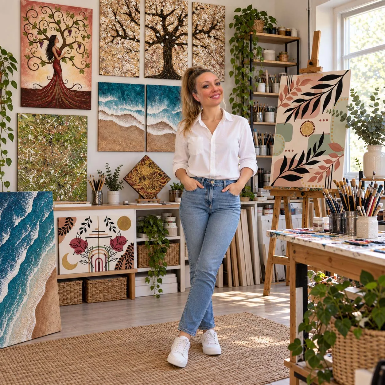 Maria Giovanna Matera nel suo atelier, tra tele, colori e pennelli
